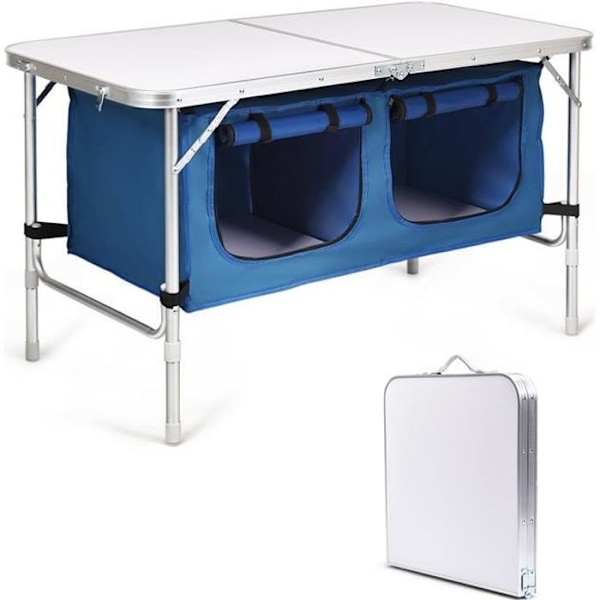COSTWAY Fällbord för Camping med 2 Förvaringsfack Blå Höjdjusterbart Kompakt Trädgårdsbord för Picknick Blå