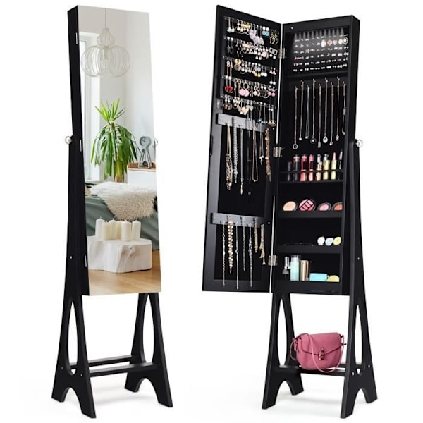 COSTWAY smykkeskab med 12 lysdioder Fritstående fløjl indvendig foring Justerbar vinkel 36 × 33,4 x 154 CM Sort