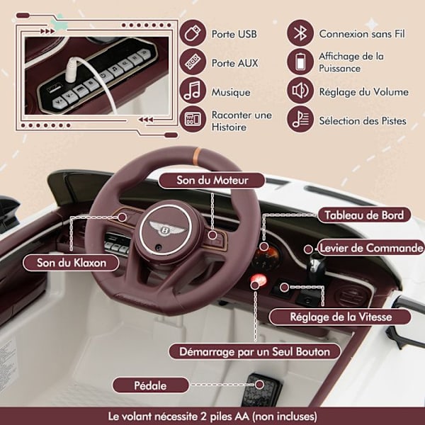 Bentley sähköauto 12V/7AH 3-8-vuotiaille lapsille - 2,4G kaukosäädin - LED ja musiikki - hidas käynnistys - valkoinen