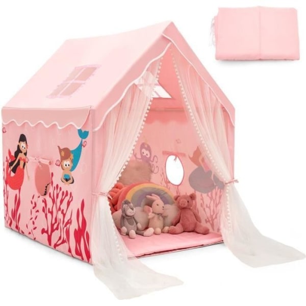 COSTWAY tält för 3 barn, lekstuga inomhus/utomhus, med tvättbar mjuk vadderad matta 121 x 105 x 137 cm Rosa
