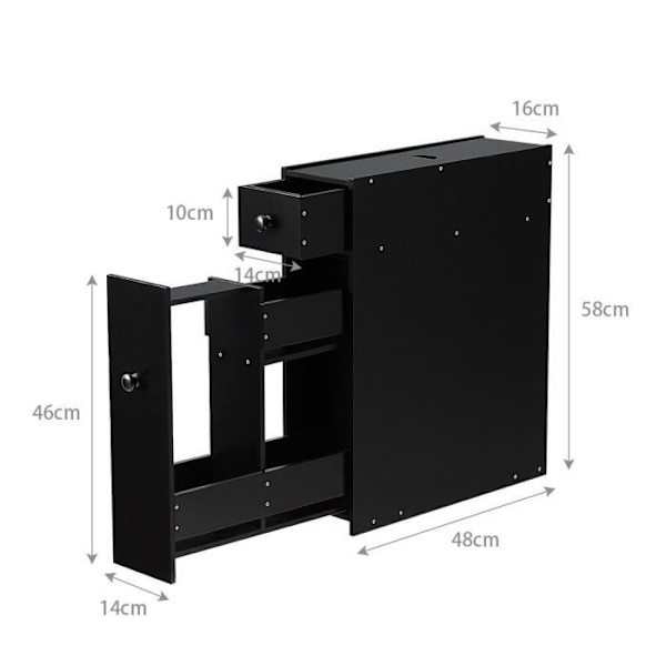 COSTWAY Kylpyhuoneen kalusteet hyllyllä ja säilytyslaatikolla WC-kaapit 16 x 48 x 58cm mustaa puuta