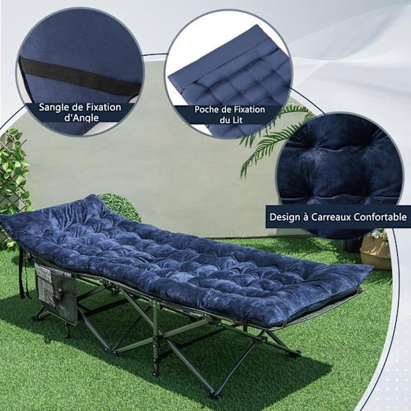 COSTWAY Velvet campingmadras, 190 x 70 x 7 cm, med 4 fastgørelsesstropper Sengefastgørelseslomme, rejsevandring, blå