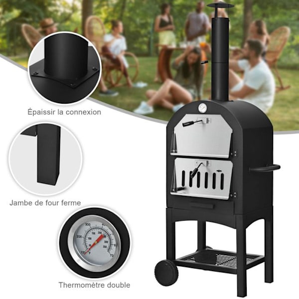 COSTWAY Outdoor Charcoal Pizza Ugn-Pizza Stone 30,5 cm Anti-skållningshandske, Vattentätt lock, 2 grillar, Dubbel termometer
