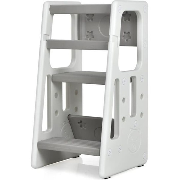 COSTWAY Toddler Learning Tower 3 säädettävää korkeutta ja liukumaton jalkatuki HDPE Double turvakaiteet harmaa Grå Vit