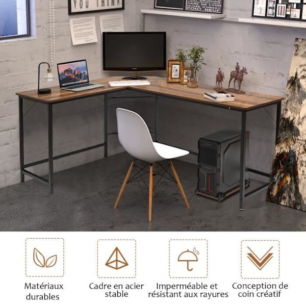 COSTWAY stort hjørneskrivebord L168 x B125 x H74CM - Op til 3 computere i industriel stil, brun metalstruktur kastanj