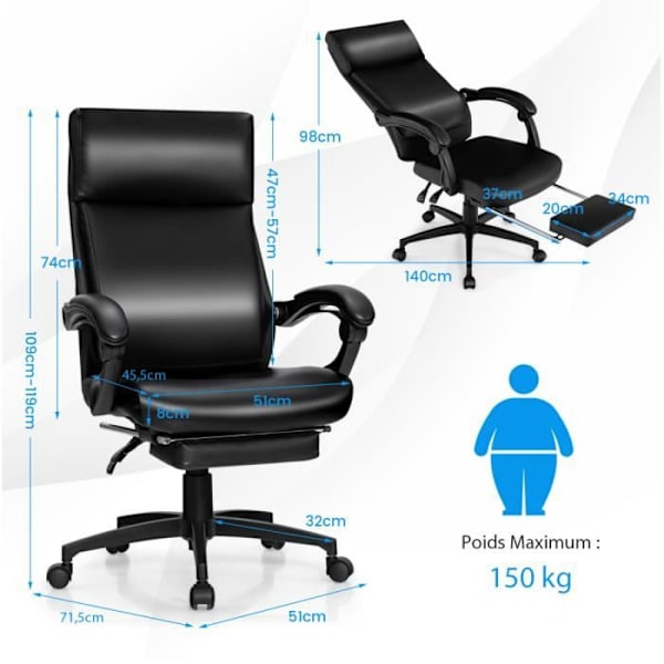 COSTWAY Drejelig kontorstol Ergonomisk tilbagelænet ryglæn med højdejusterbar fodstøtte 62 x 71,5 x 109-119 cm Sort Svart