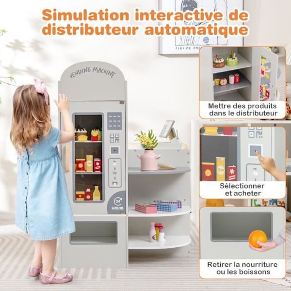 COSTWAY Barnhandlare 15 tillbehör, varuautomat, barnbutik med svart tavla, 3-8 år grå Grå
