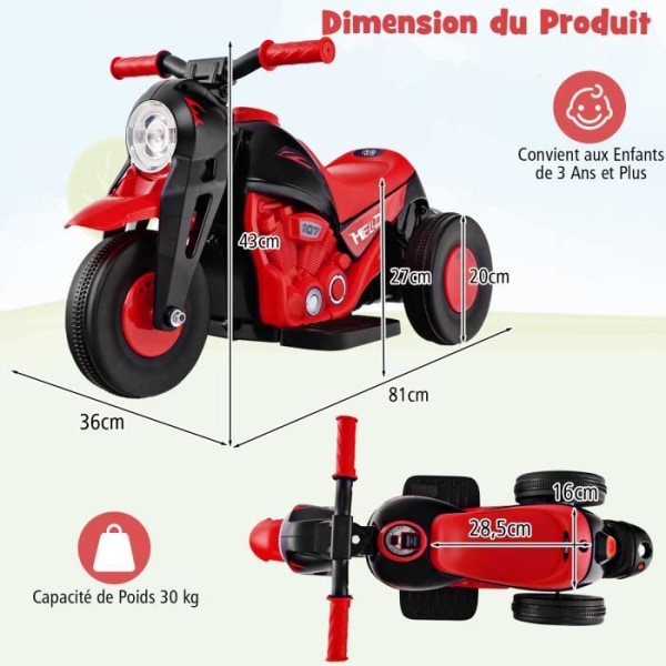 COSTWAY 6V elektrisk motorcykel för barn med bubbelmaskin - 3 hjul, skoter med horn, musik och lampor, 3+, röd röd och svart