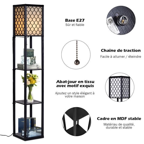 COSTWAY Golvlampa Vardagsrum 3 Förvaringshyllor 26 x 26 x 160cm Trä Skandinavisk Stålampa 60W Glödlampa Ingår ej Sovrum Äggskal