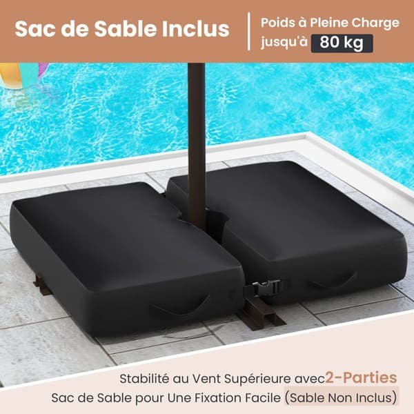 Parasol Déporté 40 LEDs 3M - COSTWAY - Base Croisée Sandpose - Polyesterstof UV 20+ Grå - Solpanel 6 Timer Grå