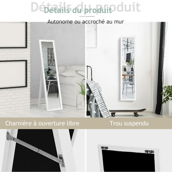 COSTWAY Stå-/Väggspegel, Psyche Rektangulär Fristående Spegel 155 x 37 cm, Modern Skandinavisk Stil Vit