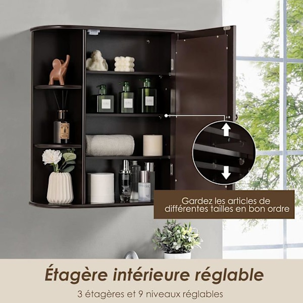 COSTWAY Badeværelsesvægskab med spejl Toiletopbevaring med dør og 6 hylder 65 x 17 x 64 cm Brun kastanj