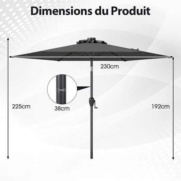 Solparasol 230 cm - 18 LED-lampor - COSTWAY - Lutning med knappt tryck - Ventilerad grå duk