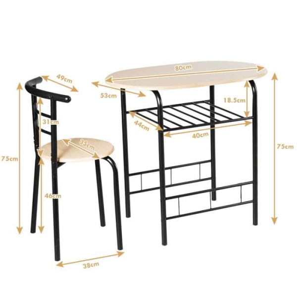 COSTWAY Set med matbord och 2 stolar, köksbord: 80 x 53 x75 cm (L x B x H) Naturlig + Stomme i svart metall