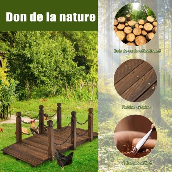 COSTWAY Gran Garden Bridge 150 x 67 x 55 cm karboniseret med sikkerhedskæder til vandløb, have, gårdhave, belastning 225 kg