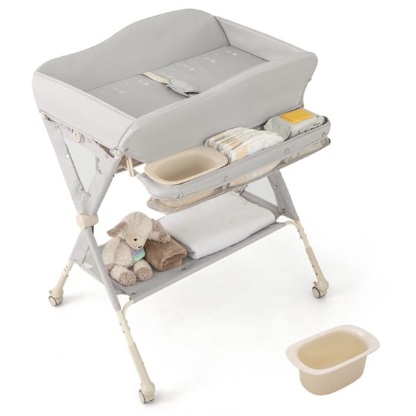 Skiftestation til baby COSTWAY - 3 justerbare højder - 4 låsbare hjul - vandbassin - opbevaringskurv - sikkerhedsselen Grå