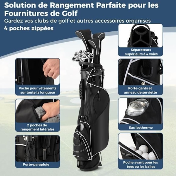 COSTWAY Portable Tripod Golf Bag - 4-vägsfack - 4 fickor med dragkedja - Kylväska - Dubbel axelrem - Regnskydd - Svart