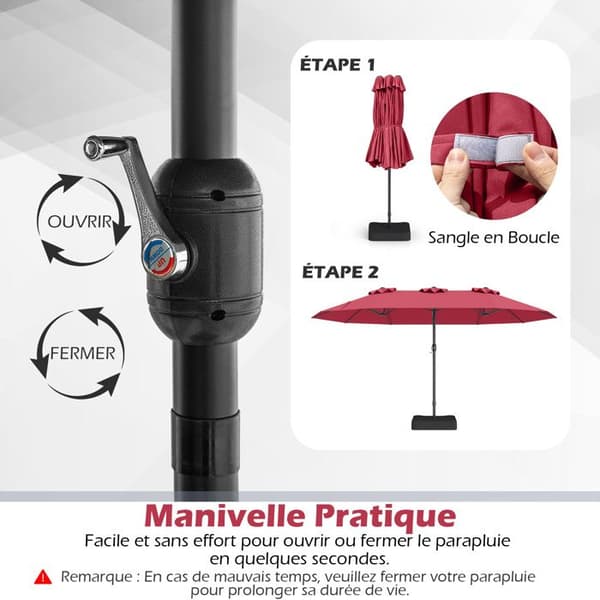 Parasol Dubbel Trädgård 470x285cm Rektangulär - COSTWAY - Bas och 2 Sandsäckar (Utan Sand) - 12 Robusta Spön - Röd