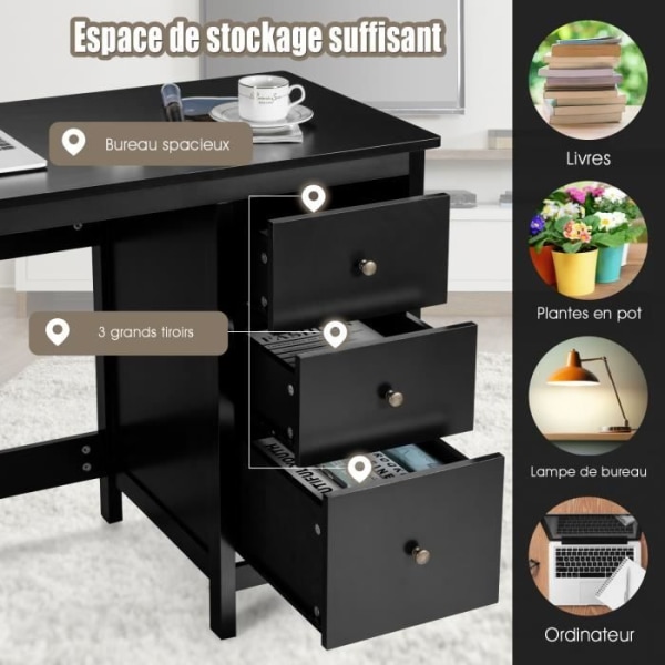 COSTWAY computerbord, computerbord 120 x 50 x 75 cm Rummeligt med 3 skuffer, moderne stil sort farve Svart