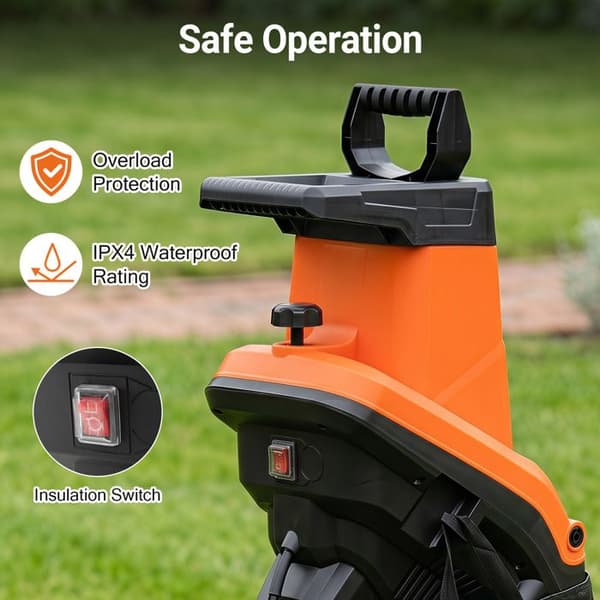 Elektrisk Haveaffaldshakker 2500W COSTWAY, 3800 omdr./min, 50L Opsamlingspose, Støder, på Hjul, 2 Dobbeltblad, Orange Orange