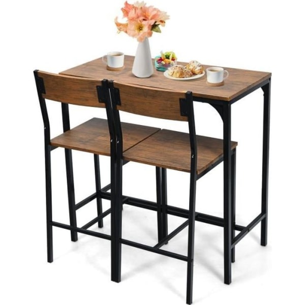 COSTWAY industriellt barbord med 2 stolar, rustikt brunt högt barbord för bar, kök, bistro, restaurang