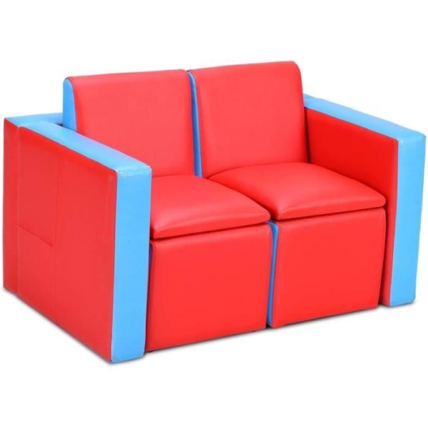COSTWAY Barnsoffa 2-sits Konvertibel till bord och 2 stolar Set med sidofickor PVC blå och röd
