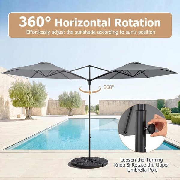 Hexagonal Parasol 290 cm COSTWAY, Kryssbas, 360° Svängbar, Lutande Tyg, Trädgårdsparasol, Grå Grå