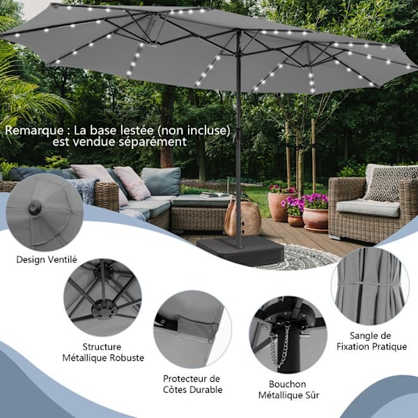 COSTWAY Dubbel Haveparasol med 48 Solcelle LED-lys, 12 Ribber, 470 x 280 x 246 cm, til Terrasse, Have, Grå