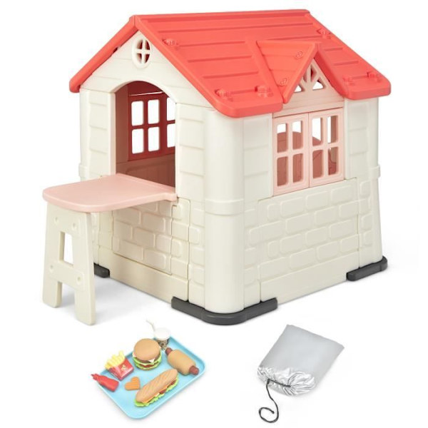 COSTWAY Lasten leikkimökki - 164x124x132 CM, Leikkimökki piknikpöydällä, Anti-UV HDPE Garden Hut Pink Rosa