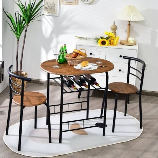 COSTWAY Spisebordsensemble med 2 Stole, Køkkenbord: 80 x 53 x 75 cm (L x B x H) Brun + Sort Metalramme Brun + Svart