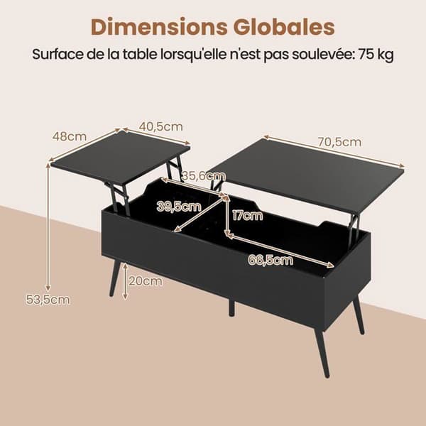 COSTWAY Justerbart Sofabord 40-53,5 cm, 2 Skjul Compartimenter, Metalben, Sort Sofabord Svart