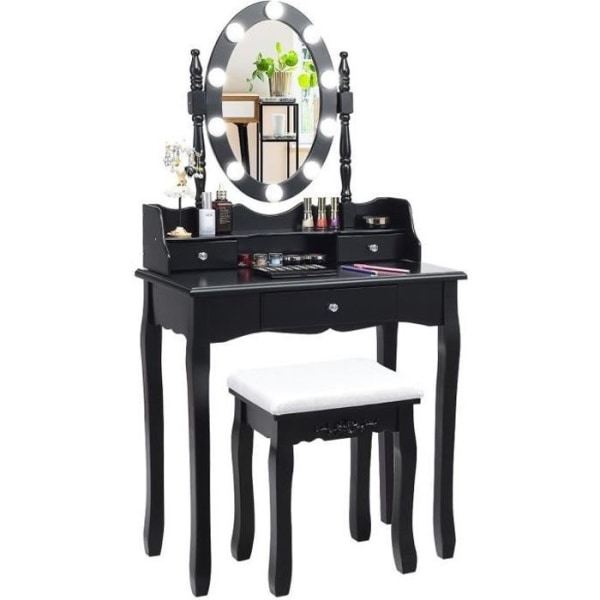 COSTWAY Sminkbord med 11 LED-lampor, pall och 360° spegel, 3 lådor kan konverteras som ett skrivbord svart