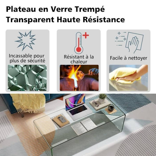 COSTWAY rektangulært sofabord af hærdet glas, 108x50x35 CM, U-formet stuebord med glatte afrundede kanter Belastning 30 kg