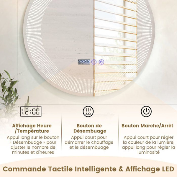 COSTWAY Ø 60 cm Badrumsspegel med mönster - LED, Anti-fog, 3 färger, Minnesfunktion, Tid/Temperatur Display, IP44