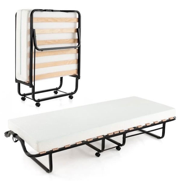 COSTWAY Ekstra seng på hjul 80x199 CM med 10 cm tykkelse skummadras, 1 person foldeseng med 15 trælameller