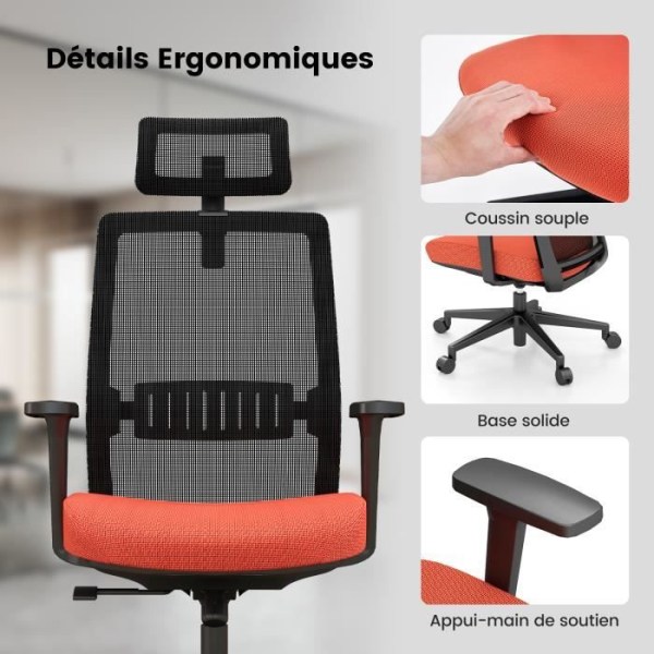 COSTWAY Ergonomisk kontorsstol, justerbar sitthöjd 36-46 cm, med svankstöd, 3D nackstöd, maxbelastning. 180 kg svart och orange