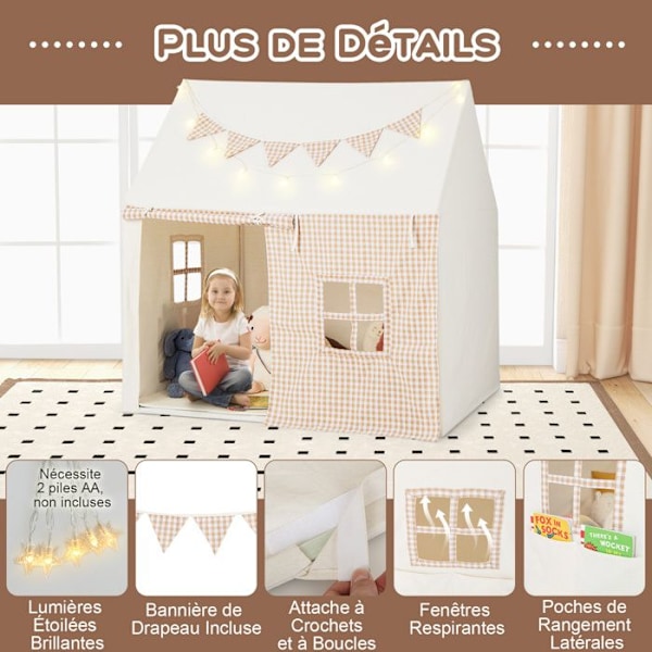 COSTWAY Lasten leikkiteltta - Pehmustettu matto - Tähtivalot - Viiribanneri - 3-8 vuotiaille - 125 x 100 x 127 cm - Beige Biége