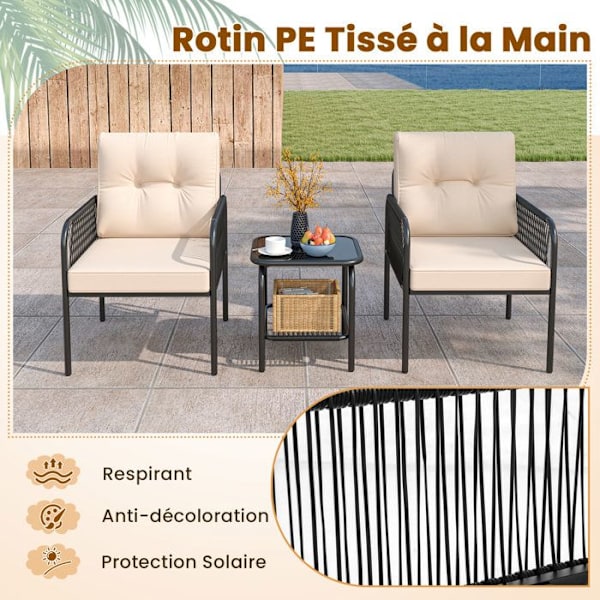COSTWAY Glasbord og 2 Havestole, 3-delt Rattan PE Patiosæt med Hynder