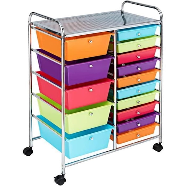 Tour de Rangement på Hjul COSTWAY - 15 Avtagbara Lådor - 4 Hjul (2 med Broms) - 63 x 37 x 87 CM - A4 och Brevformat - Flerfärgad Regnbåge