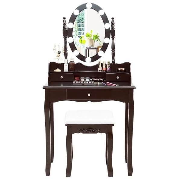 COSTWAY Sminkbord med 11 LED-lampor, pall och 360° spegel, 3 lådor kan förvandlas till ett brunt skrivbord