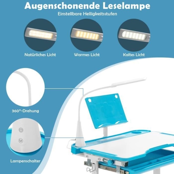 COSTWAY Børneskrivebord og stolesæt med LED-belysning, vippet top og skydeskuffe, højdejusterbar blå Blå