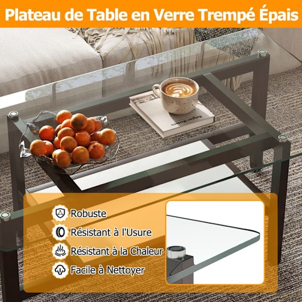 COSTWAY Skrivbord i Glas med 2 Nivåer, Ben i Gummiträ, Rektangulärt Väggbord på 107 cm för Kontor Genomskinlig och brun