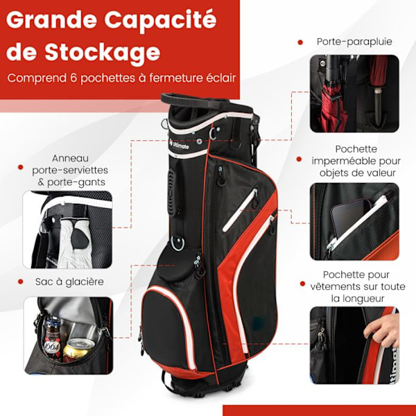 COSTWAY Golfbag Trippelstativ-Regnhette-Skiljer över 14 riktningar-6 fickor-Isolerat fack-Dubbel rem-Röd Röd