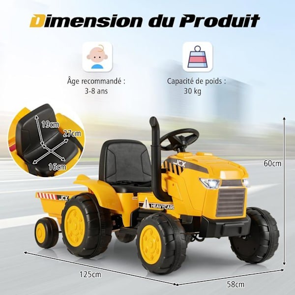 COSTWAY Eltraktor 12V 7AH - 2,4G Fjärrkontroll, Fjädrar, LED, Horn, Mjukstart, 3 - 8 År, Gul