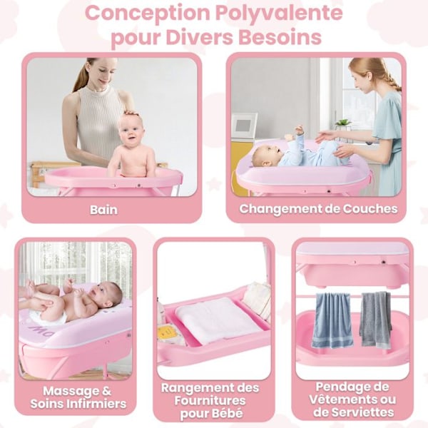 COSTWAY Skiftedragt Baby-Vask 20L 4 i 1 Sammenklappelig 4 Hjul, Slange 1m, Opbevaringsbakke Vandtæt PVC Pude 35Kg Rosa