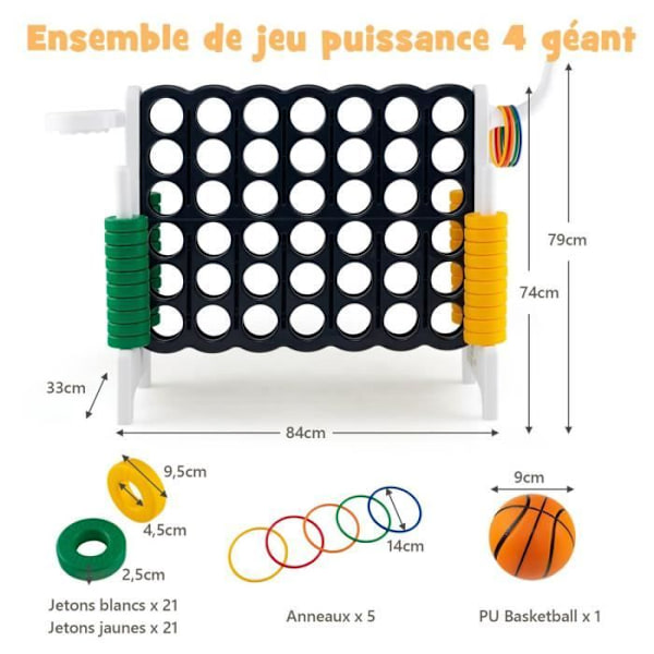 COSTWAY Giant Connect 4 spel för barn Multifunktion 3 i 1 med Basket Hoop Side Rings Game 42 Ringar Vit Marinblå och vit