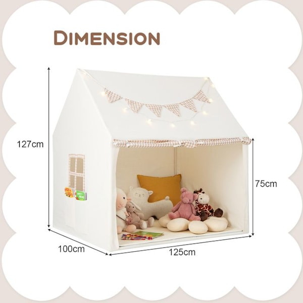 COSTWAY Lasten leikkiteltta - Pehmustettu matto - Tähtivalot - Viiribanneri - 3-8 vuotiaille - 125 x 100 x 127 cm - Beige Biége