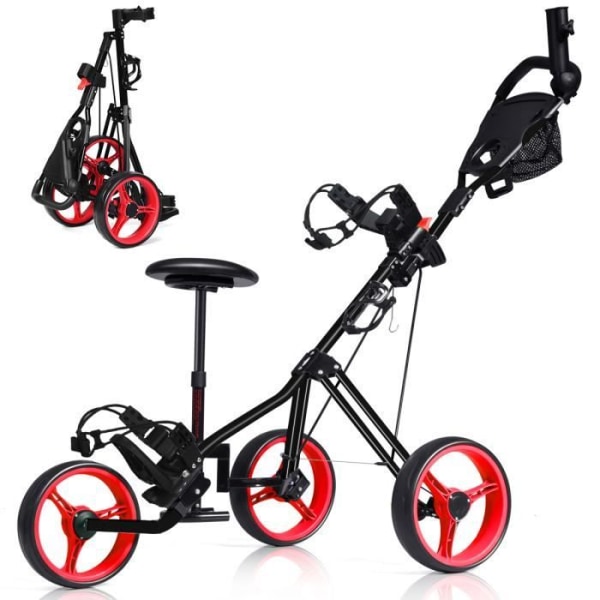 COSTWAY hopfällbar golfvagn-skjut/drag-3 avtagbara hjul-pall, justerbart handtag-instrumentbräda-mugghållare-röd