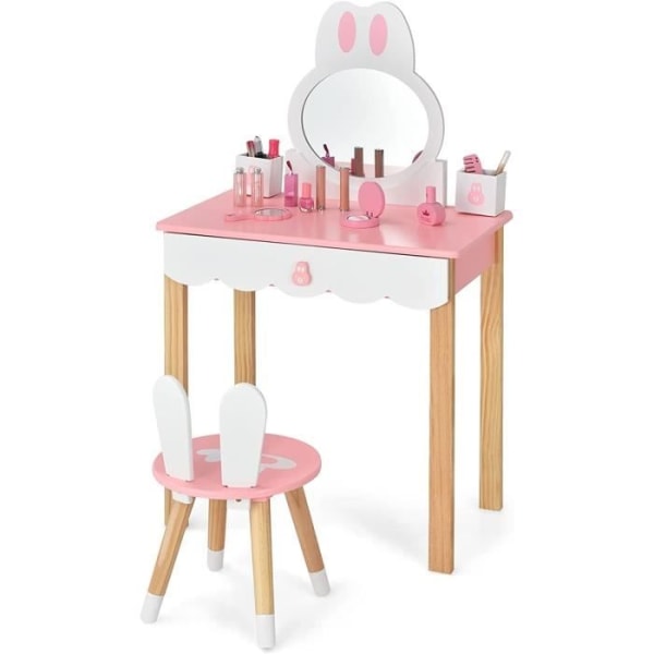 COSTWAY Sminkbord med pall för barn, avtagbar spegel med 1 lådor? 2 förvaringslådor Rosa