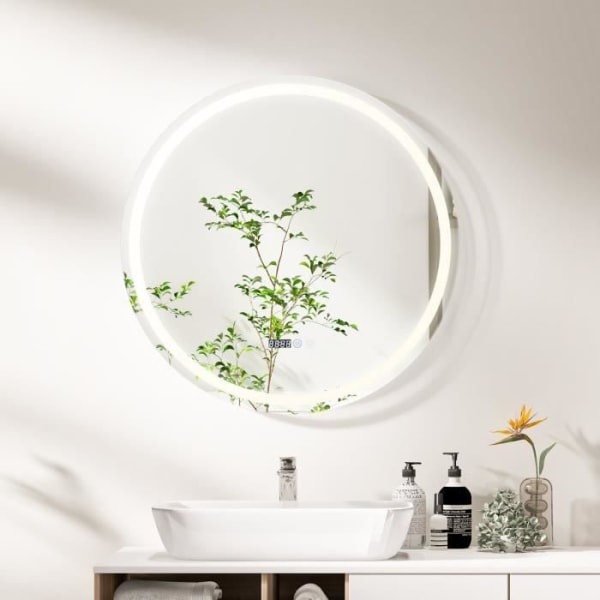 COSTWAY Ø 80 cm Badeværelsesspejl - LED og Anti-dug, 3 farver (3000-6500K), Tid/Temperatur Display, til Badeværelse
